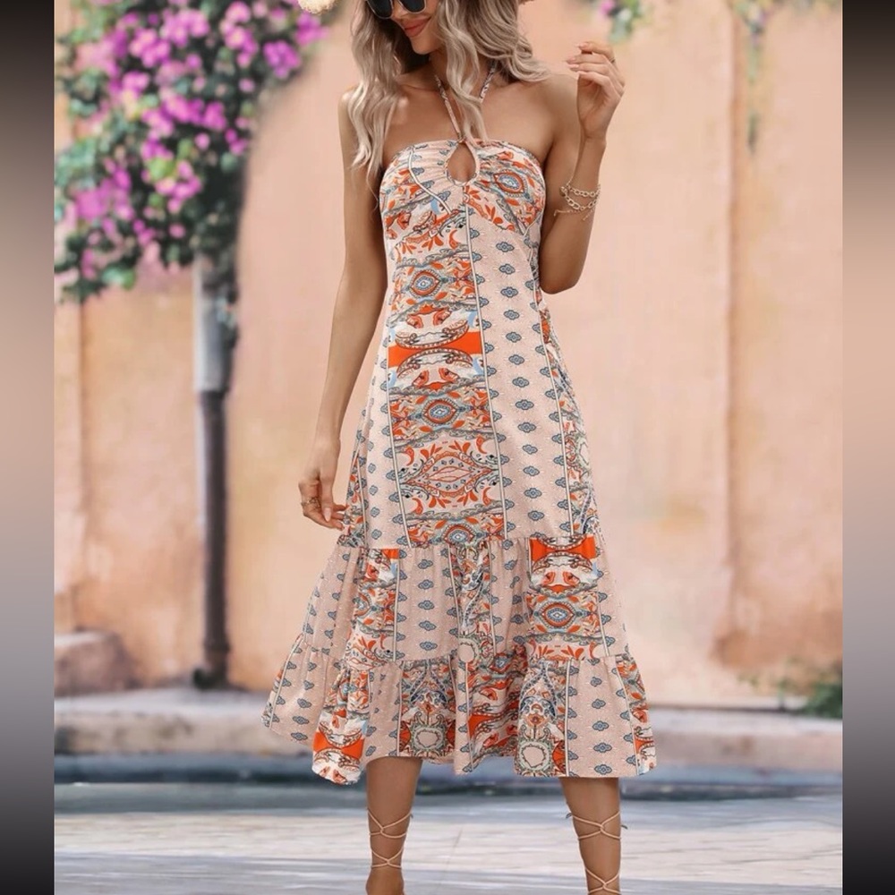 Boho Paisley Floral Print Tie Backless Ruched Bust Ruffle Hem Halter Dress - Picture 2 of 7